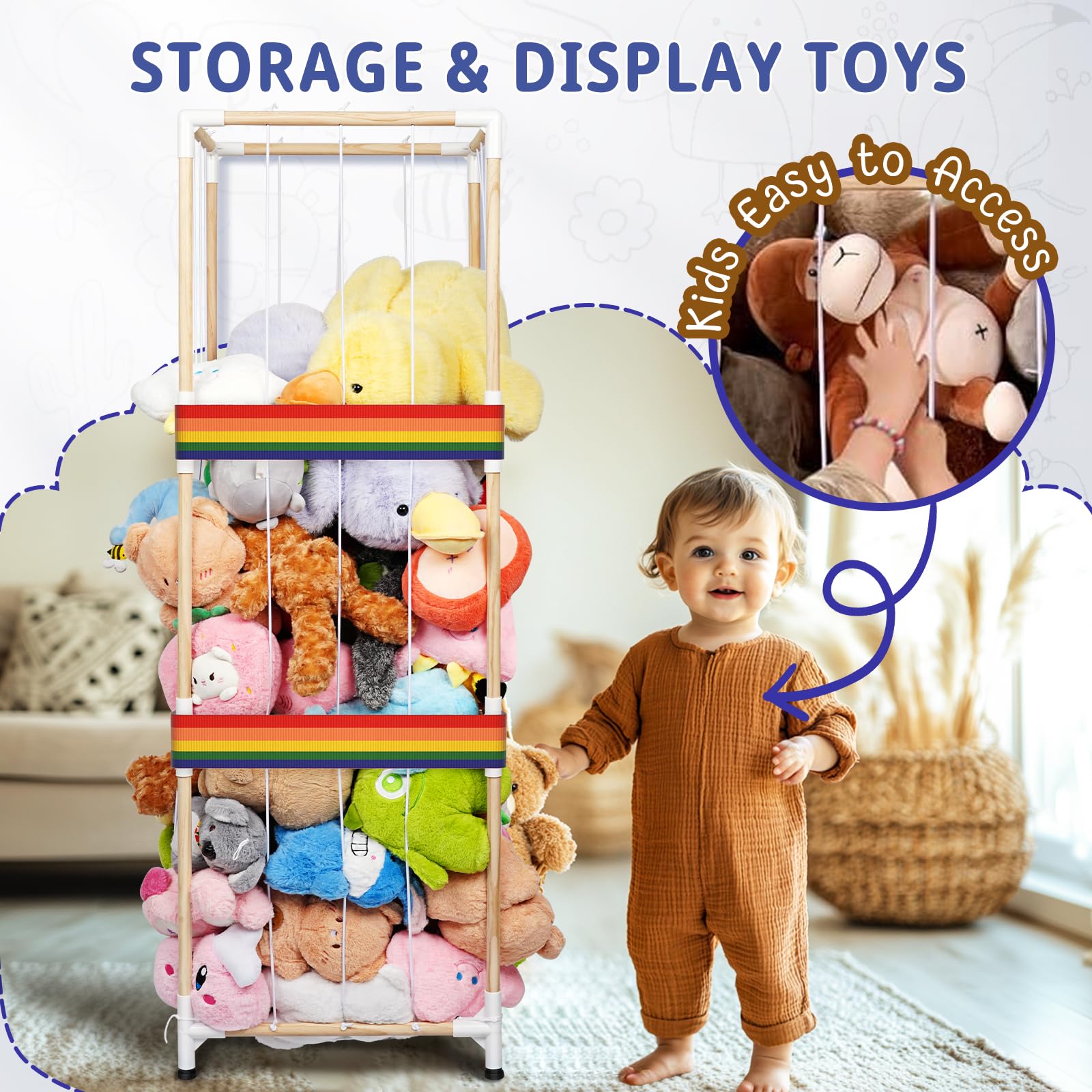 Stuffed Animal Toy Storage Organizer,Large Wooden Stuffed Animals Zoo Holder, Space Save Vertical Stuffed Animals Storage with Adjustable Feets,Kids Toy Organizer for Nursery PlayRoom Bedroom KidRoom