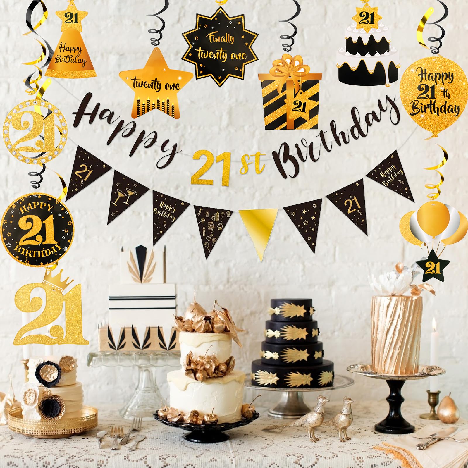 FASOTY 21st Birthday Decorations Black Gold Happy 21st Birthday Decorations For Him Pre-assembled 21st birthday banner Triangle Flag Banner and Glitter 21 Hanging Swirls 21st Birthday Party Decorations Set Birthday Party Decorations Supplies