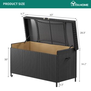 YITAHOME 200 Gallon Large Wicker Deck Box w/Storage Net, Rattan XL Outdoor Storage Box Patio Cushion Storage, Waterproof Storage Box for Patio Furniture, Garden Tools, Pool Sports Equipment (Black)