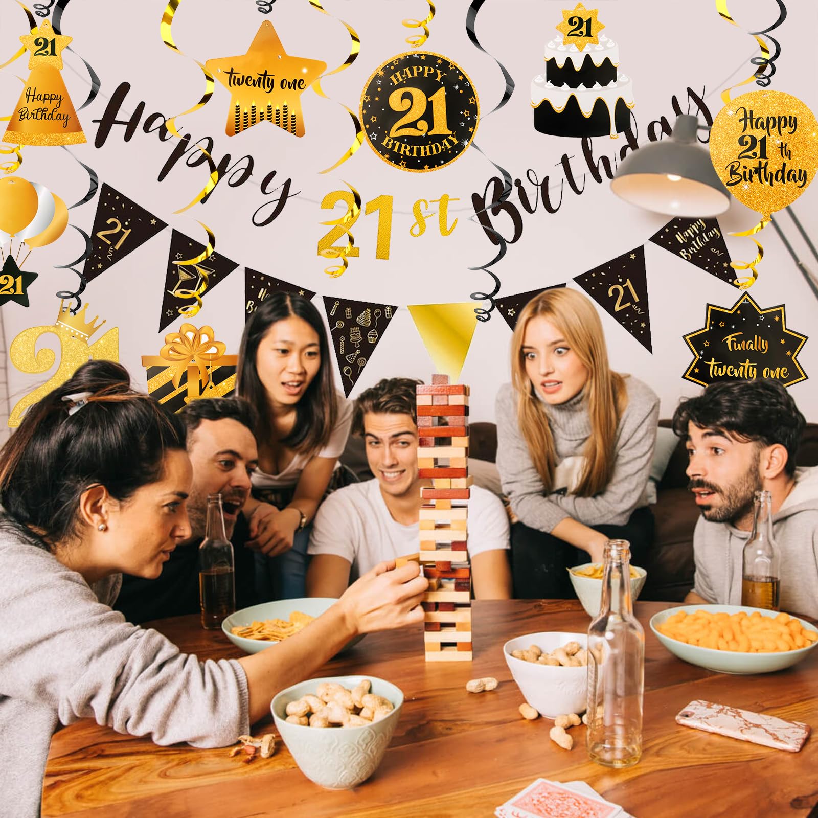 FASOTY 21st Birthday Decorations Black Gold Happy 21st Birthday Decorations For Him Pre-assembled 21st birthday banner Triangle Flag Banner and Glitter 21 Hanging Swirls 21st Birthday Party Decorations Set Birthday Party Decorations Supplies