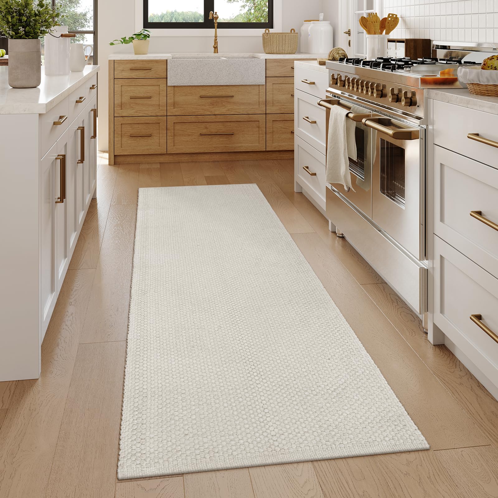 Lahome Boho Bathroom Runner Rug, 2x6 Washable Hallway Kitchen Runner Rug Cotton Woven Rug Runner, Farmhouse Cream Runner Rug Lightweight Carpet Runners for Hallway 6ft Laundry, White/Cream