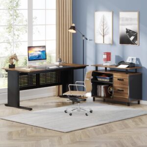 LITTLE TREE Large Computer Desk with File Cabinet, 63 Inch Executive Desk L Shaped Office Desk with Drawers and Storage Shelves, Business Furniture Desk Workstation for Home Office