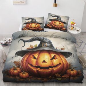 pumpkin lantern duvet cover king size, halloween jack-o'-lantern pattern bedding set 3 piece for bedroom decor, witch hat funny duvet cover & 2 pillow shams, with zipper & ties, super soft microfiber