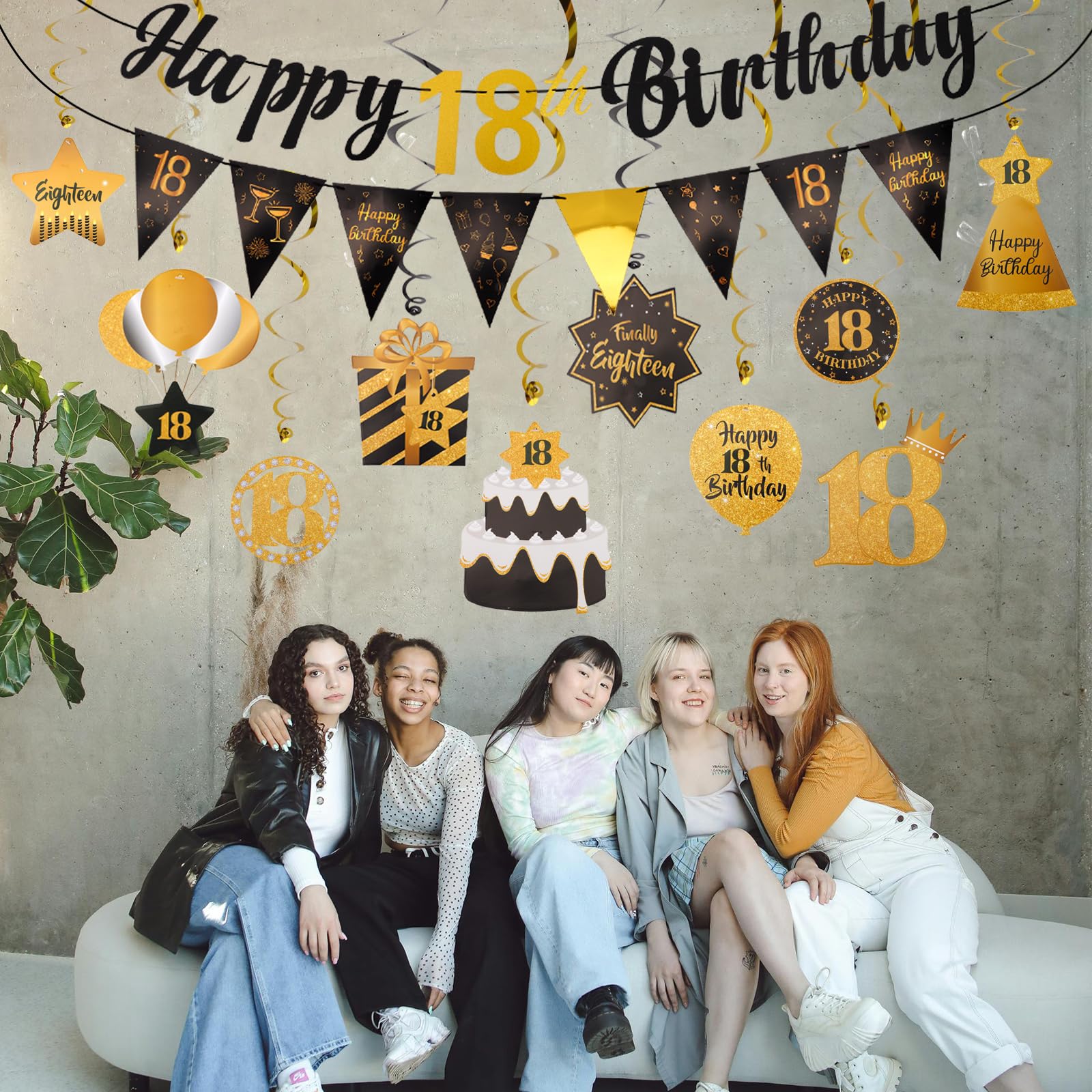 TIHEBAX Black&Gold 18th Birthday Decorations, 18th Birthday Decorations for Boys and Girls Happy 18th Birthday Banner with 10PCS Hanging Swirls Happy 18th Birthday Decorations 18th Birthday Party