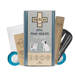 patch eco pet first aid kit for dogs and cats. cat and dog first aid kit with bandages, gauze pads, tweezers, scissors, dog tick remover &. glove. emergency first aid kit for animals including puppy