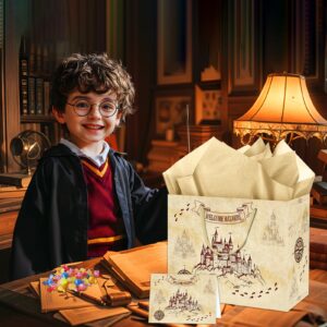 Magical Wizard Gift Bags Wizard School Party Favors Bag with Tissue Paper and Card Welcome Wizard Castle Goodie Kraft Bags Wrapping Paper for Kids Boy Girl Birthday Christmas Wizard Party Decorations