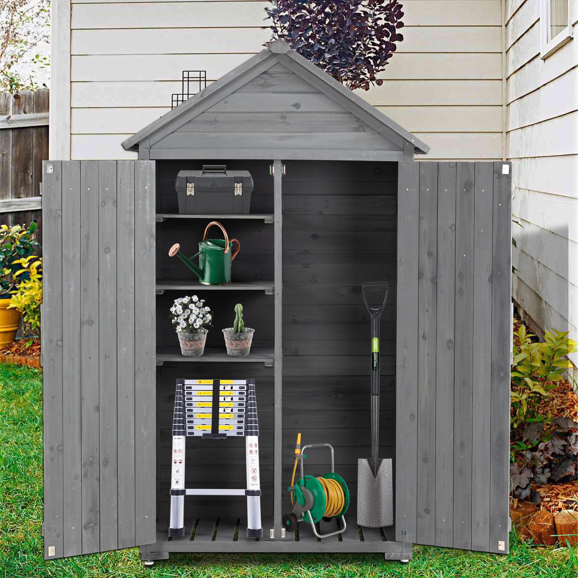 Stylish Grey Wood Outdoor Tool Shed with Shelves & Latch - Versatile Garden Storage Cabinet 39.56"x22.04"x68.89" Durable Weather-Resistant Closet