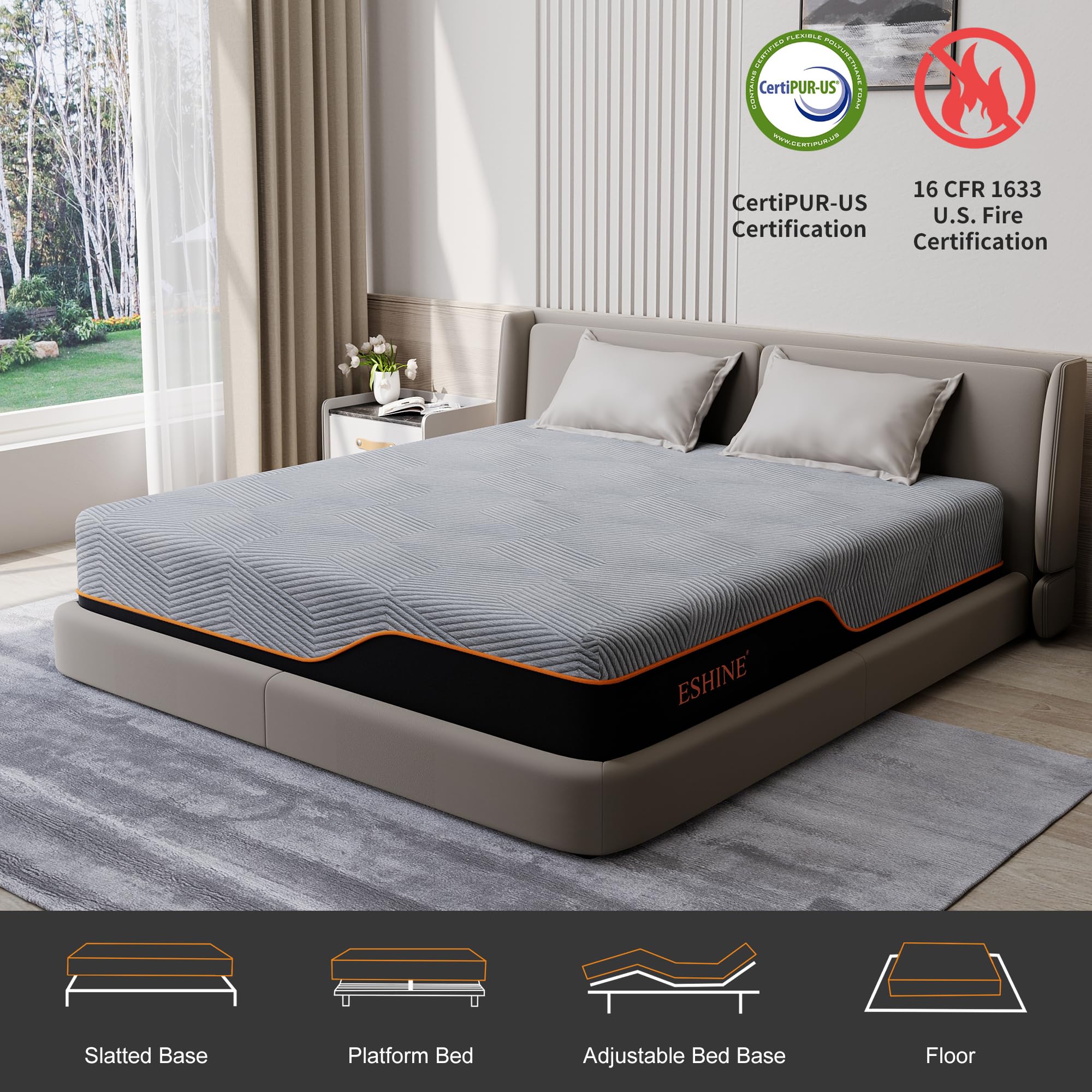 ESHINE California King Memory Foam Mattress 14 inch - 14 inch Mattress with Cooling Gel Memory Foam for Pressure Relief, Green Tea Mattress in a Box for Back Pain, CertiPUR-US Certified, Dark Grey