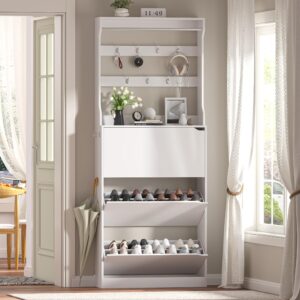 boonatu shoe cabinet storage for entryway, shoe cabinet storage with 3 flip drawers, shoe cabinet for entryway slim space, white shoe cabinet freestanding wood tall shoe rack for entryway, hallway