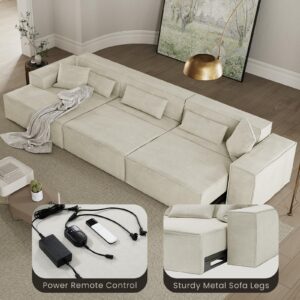 POVISON Smart 128.35" Power Modern Sofa Bed Oversized Large Sleeper Sectional Sofa Bed Convertible Couch Bed for Living Room Electric Pull Out with Deep Seat Comfy Velvet Beige Sofa