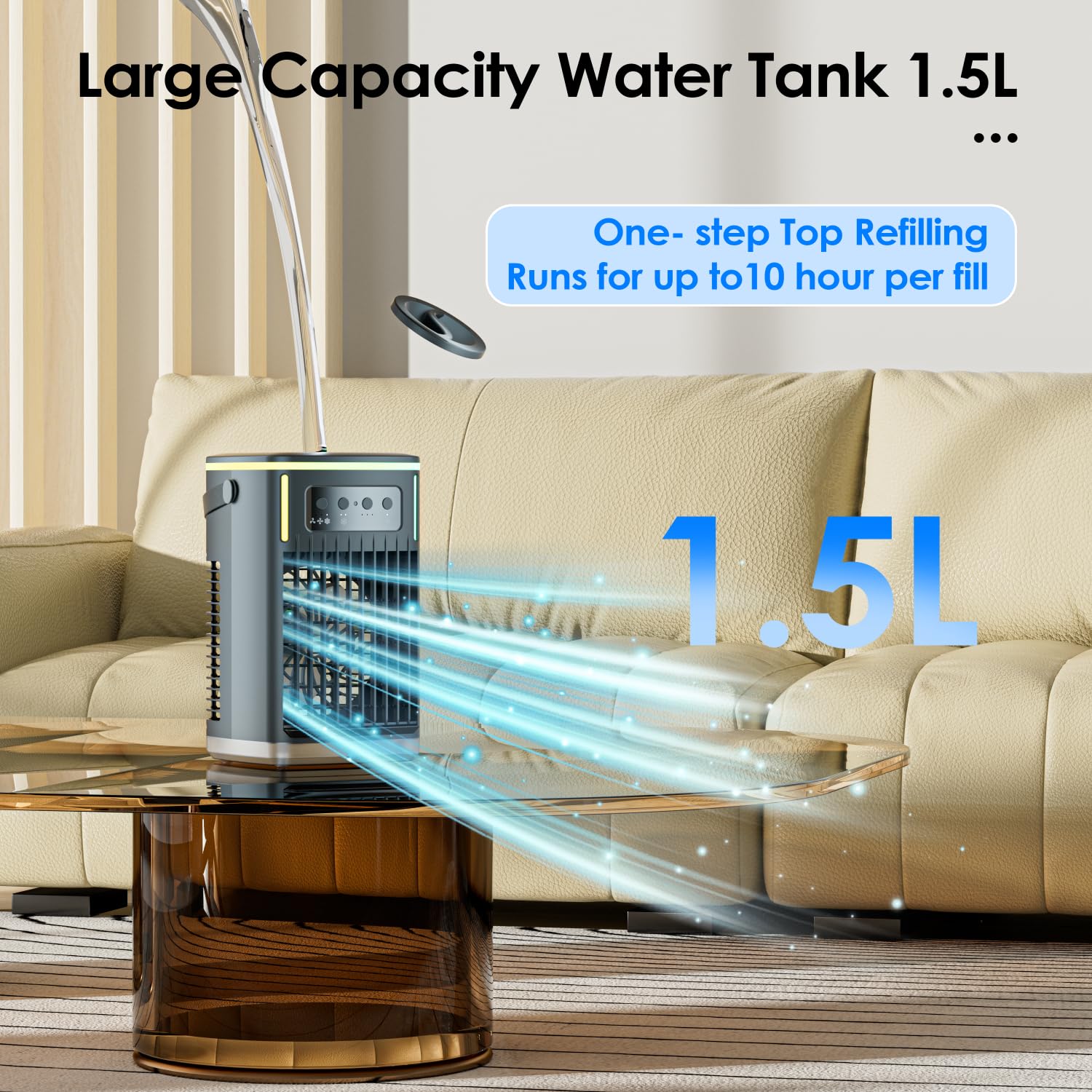 Portable Air Conditioners Fan,Portable Dual Nozzle Air Conditioner Fan, 1500ML Cooler with Remote, 3 Speeds & 1H/3H/6H Timer, 7 LED Colors, Perfect for Home/Office (Black)