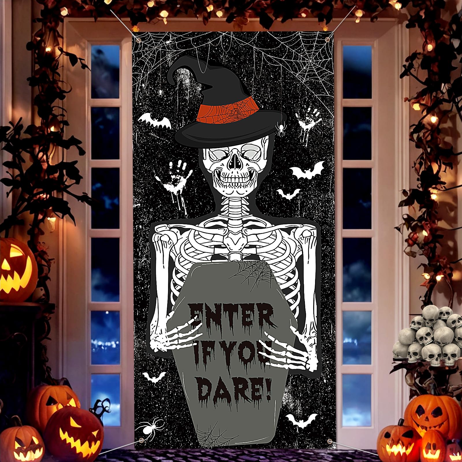 Halloween Scary Skeleton Door Cover Decorations Halloween Skull Party Banner Decor Day of the Dead Scary Skeleton Door Cover for Halloween Party Haunted House Decorations(35.4"x 72.8")