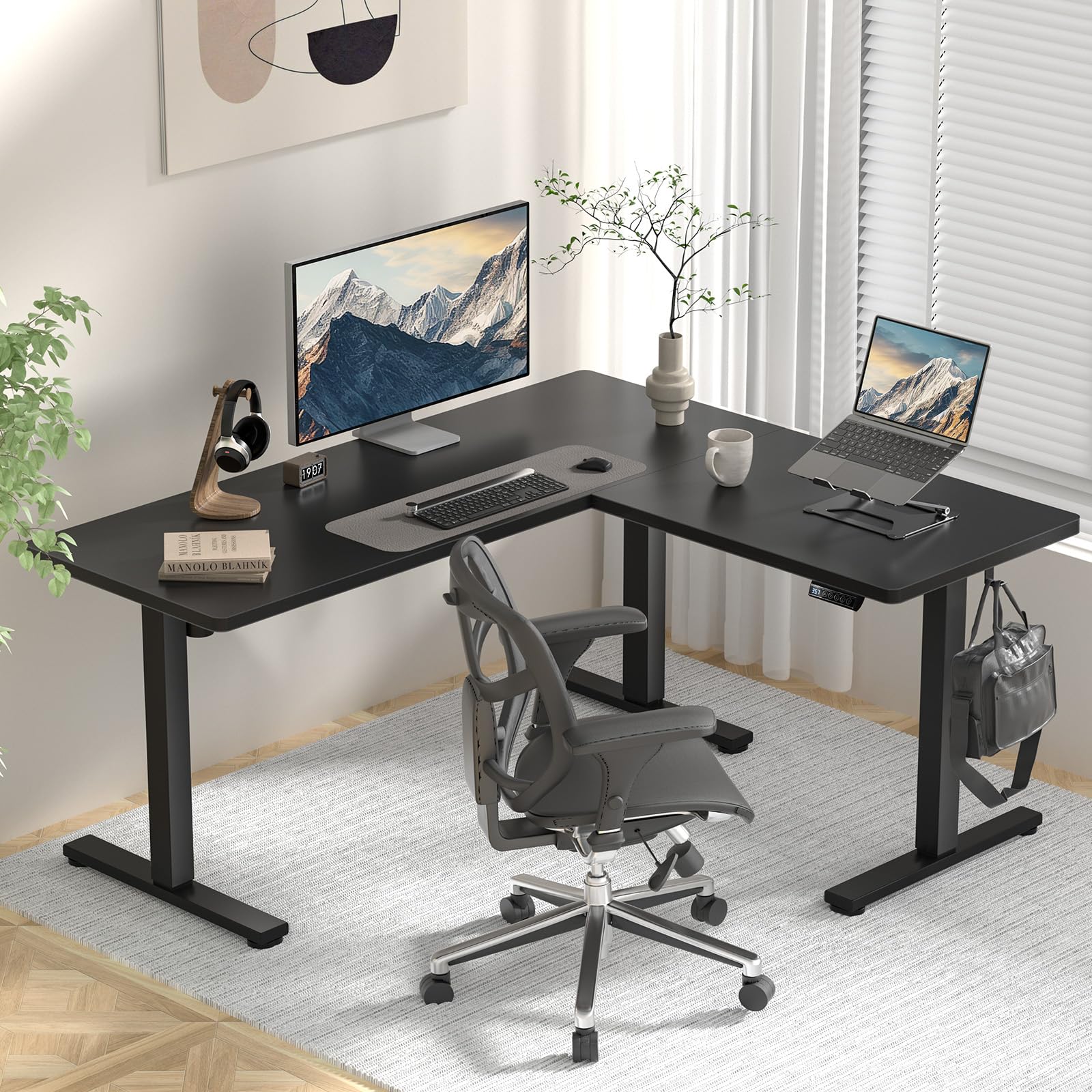 XINYAO L Shaped Standing Desk Adjustable Height 63 x 55 Corner Standing Desk Electric Sit Stand Up Computer Desk L Shaped for Gaming Working Studying Coner Workstation Office Home (Black)