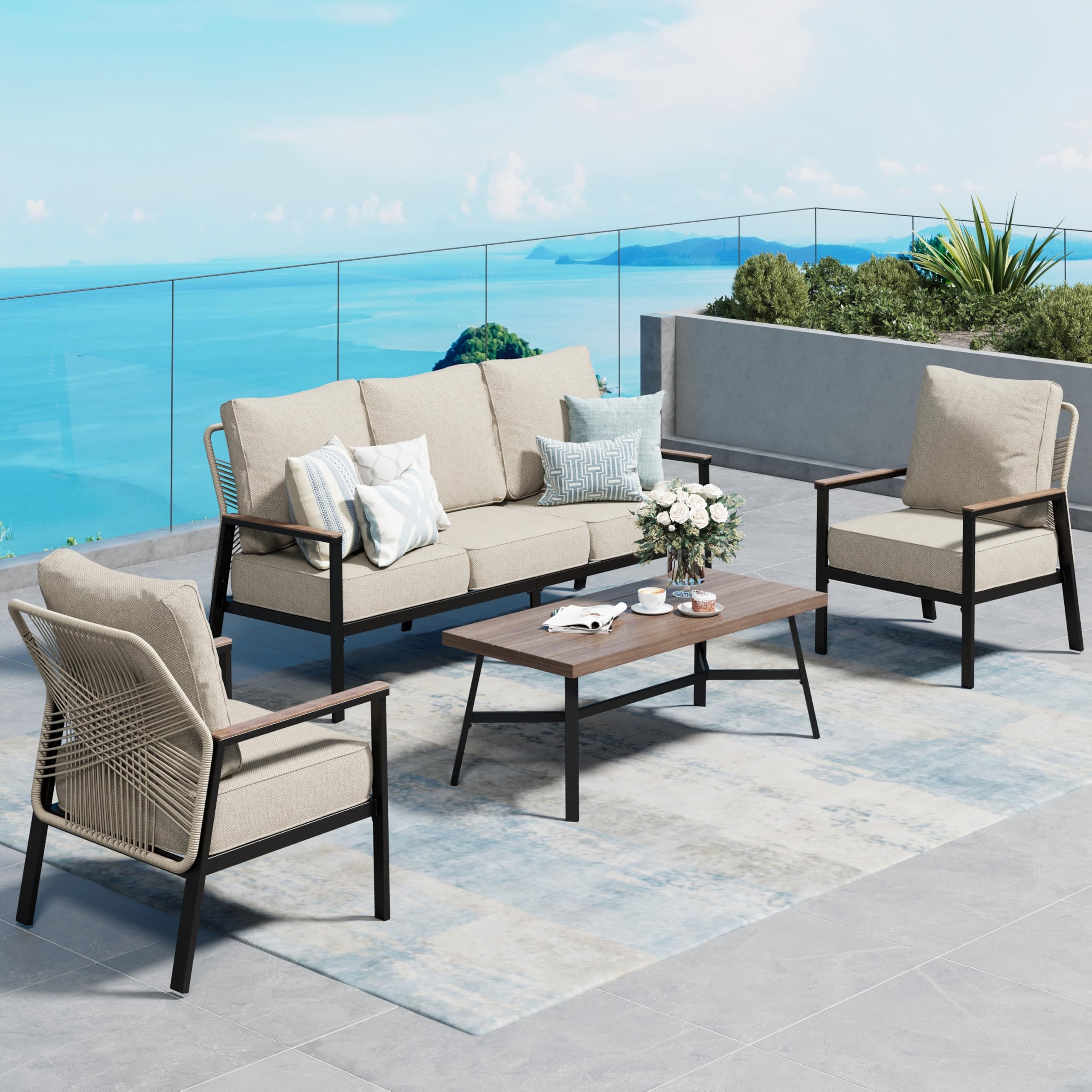 SUNSHINE VALLEY 4 Pieces Patio Furniture Set, High Back Rattan Outdoor Conversation Set with Thick Cushion and Coffee Table for Lawn Garden Backyard and Deck