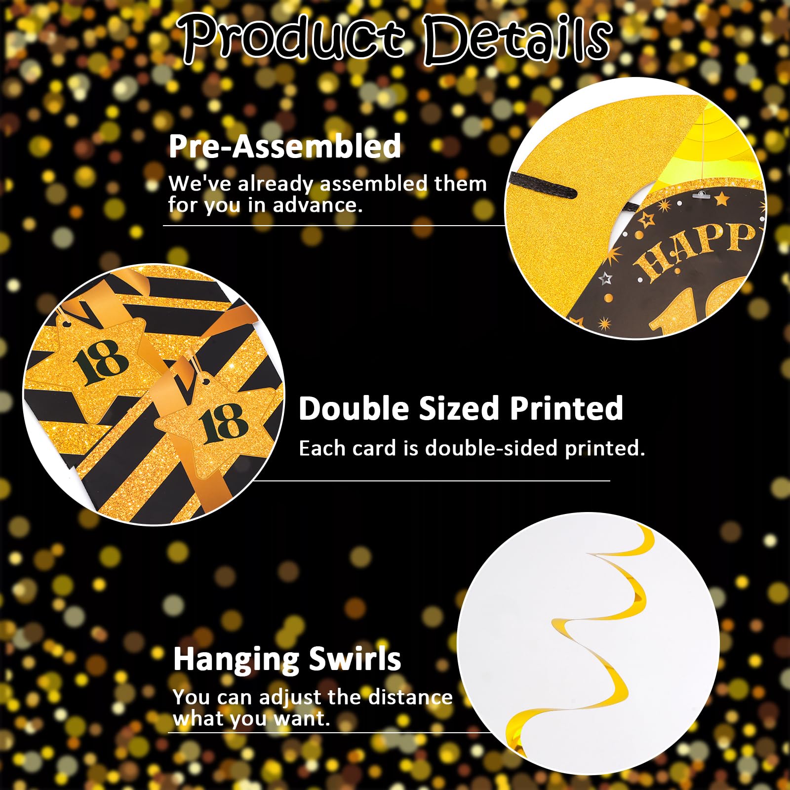 TIHEBAX Black&Gold 18th Birthday Decorations, 18th Birthday Decorations for Boys and Girls Happy 18th Birthday Banner with 10PCS Hanging Swirls Happy 18th Birthday Decorations 18th Birthday Party