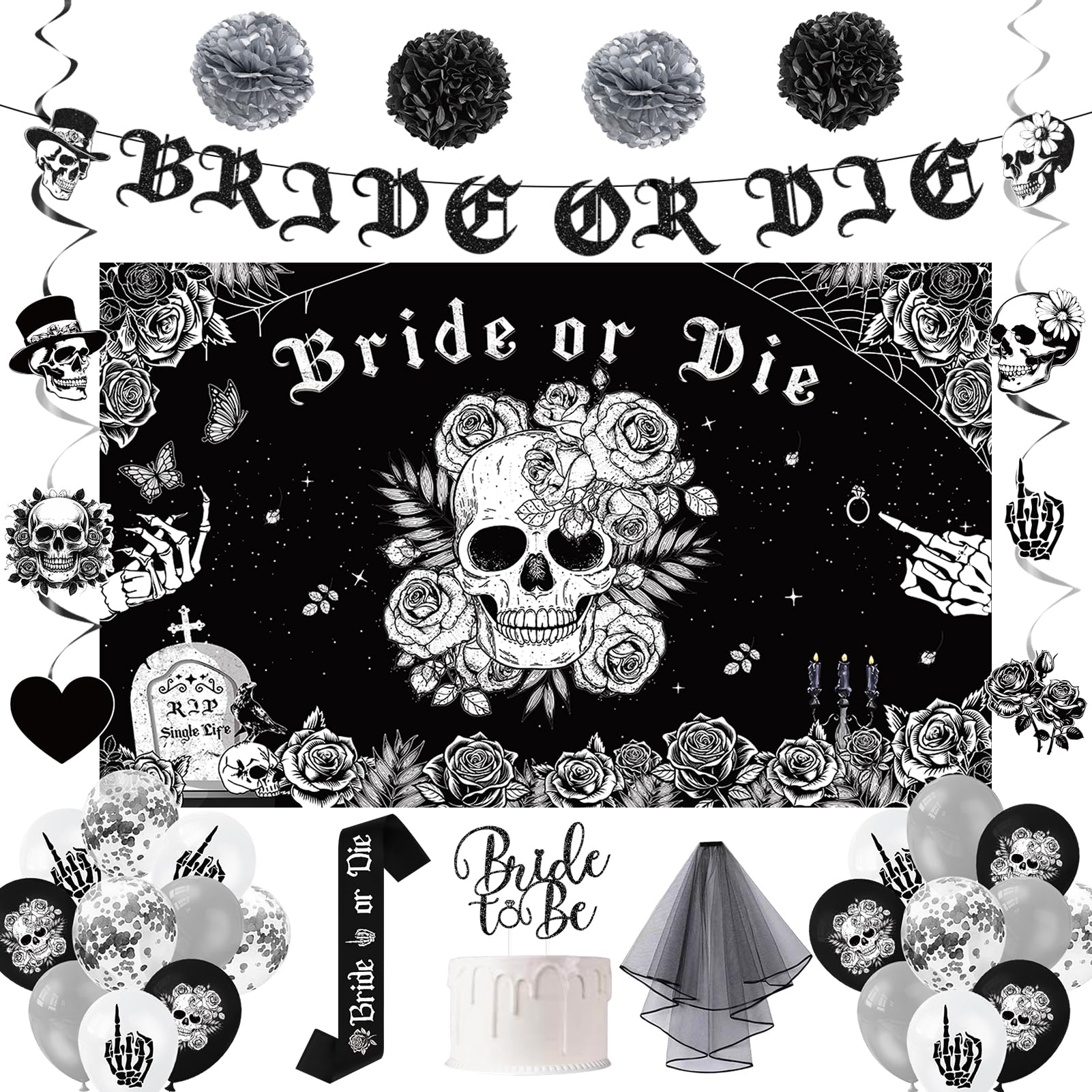 Roetyce Bride or Die Bachelorette Party Decorations, 35PCS Black Bride to Be Banner Balloons Sash Veil Hanging Swirls Cake Topper Kit, Till Death Do Us Decorations for Bridal Shower Wedding Party