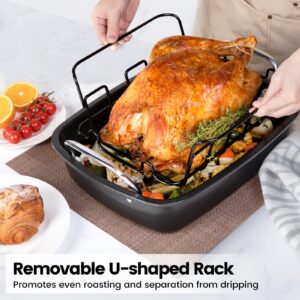 Olabocio Nonstick Roasting Pan with Rack, Turkey Roasting Pan for Oven, Large Roaster Pan with Handle for Chicken, 17 Inch X 13 Inch, Carbon Steel, Dark Grey