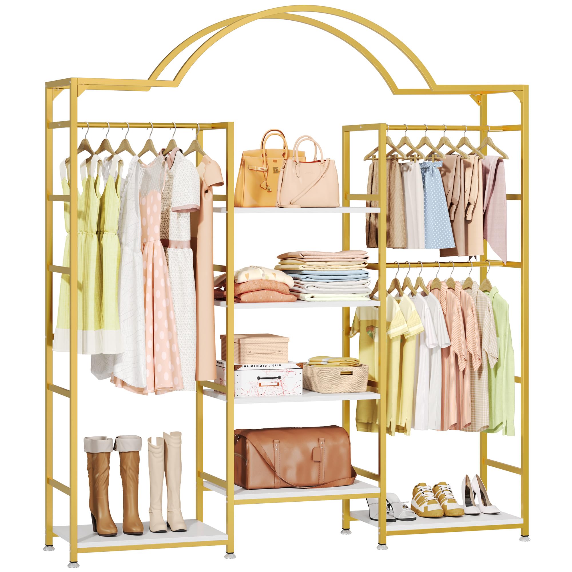 DWVO Heavy Duty Clothes Rack with Storage Shelves, Closet Organizer System for Hanging Clothes, 4-Tier Garment Rack Wardrobe with 3 Hanging Rods and 6 Shelves, Gold