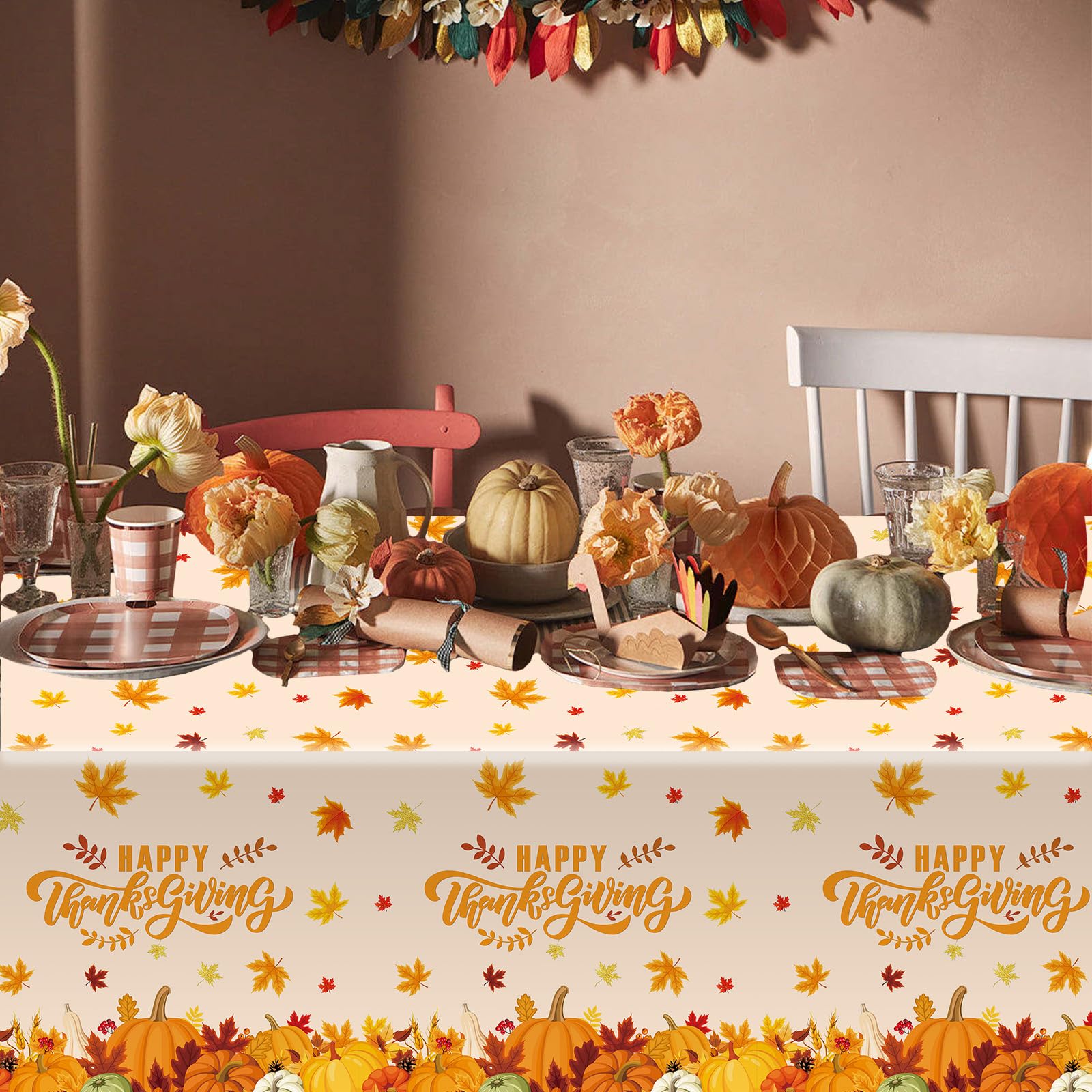 MEHOFOND 3 Pcs Happy Thanksgiving Disposable Tablecloth, Pumpkin Maple Leaves Fall Thanksgiving Party Decorations, Autumn Give Thanks Plastic Table Cover, Thanksgiving Dinner Party Supplies