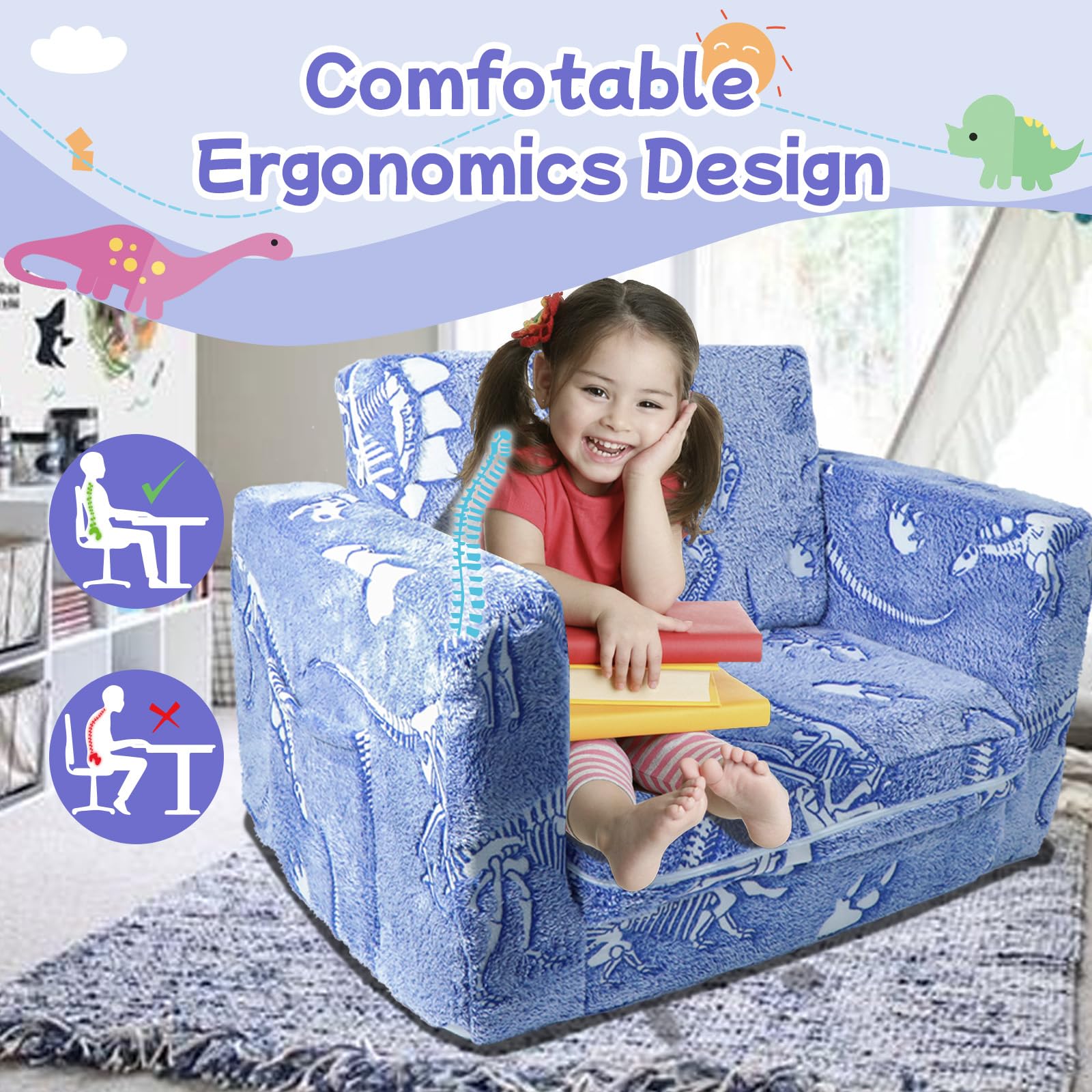 OSYKIU Kids Couch, 2-in-1 Toddler Sofa Fold Out, Comfy Toddler Sofa Chair, Convertible Kids Couch to Lounger, Dinosaur Baby Sofa Chair for Boys and Girls Gifts, Folding Kids Play Sofa Bed