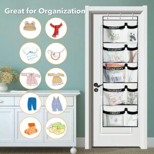 Weekly Kids Clothes Organizer Day of Week School, Over the Door Clothing Storage Organizer from Monday to Friday, Hanging Closet Organizer wtih 3 Metal hooks and 3 adhesive hooks for Nursery, Bedroom