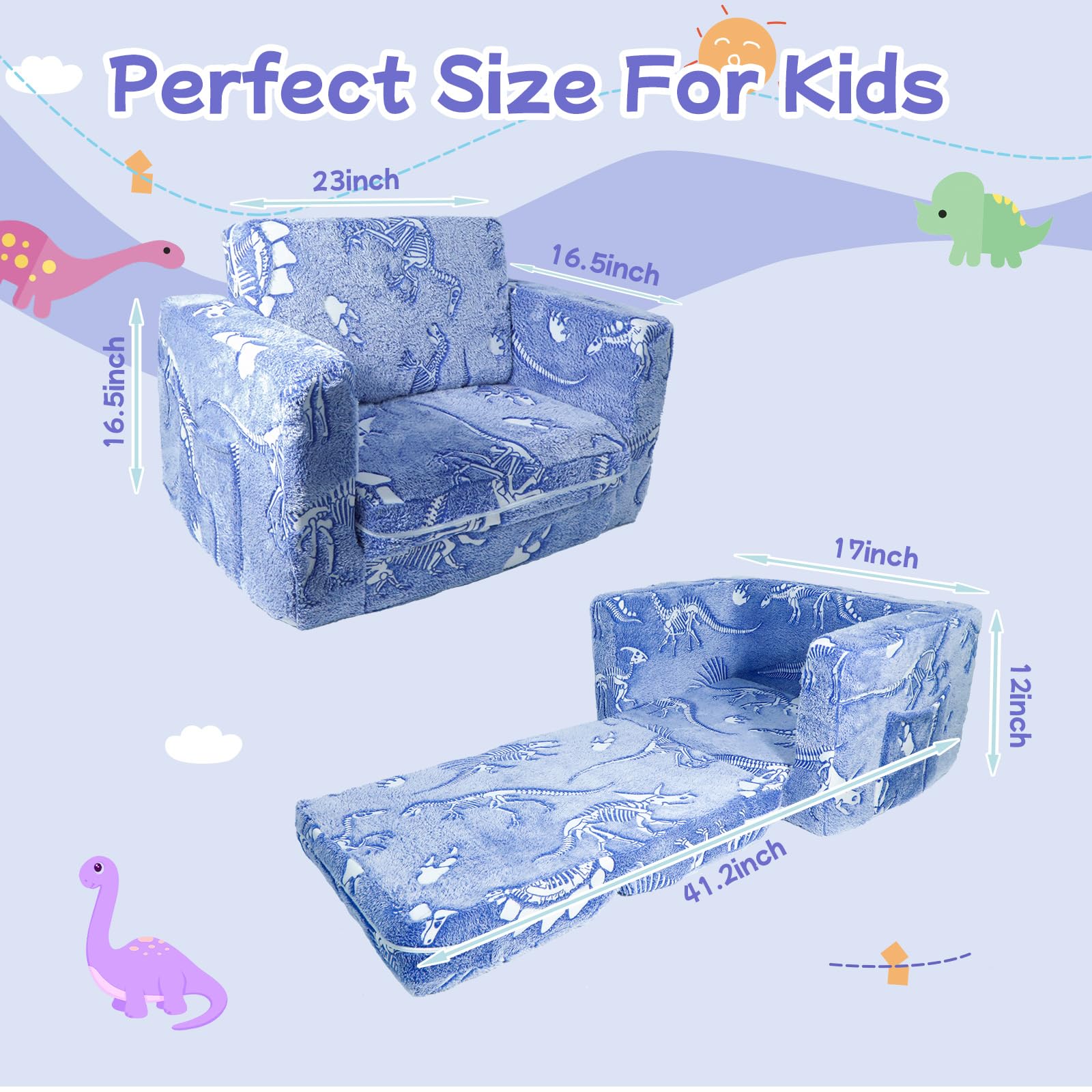 OSYKIU Kids Couch, 2-in-1 Toddler Sofa Fold Out, Comfy Toddler Sofa Chair, Convertible Kids Couch to Lounger, Dinosaur Baby Sofa Chair for Boys and Girls Gifts, Folding Kids Play Sofa Bed