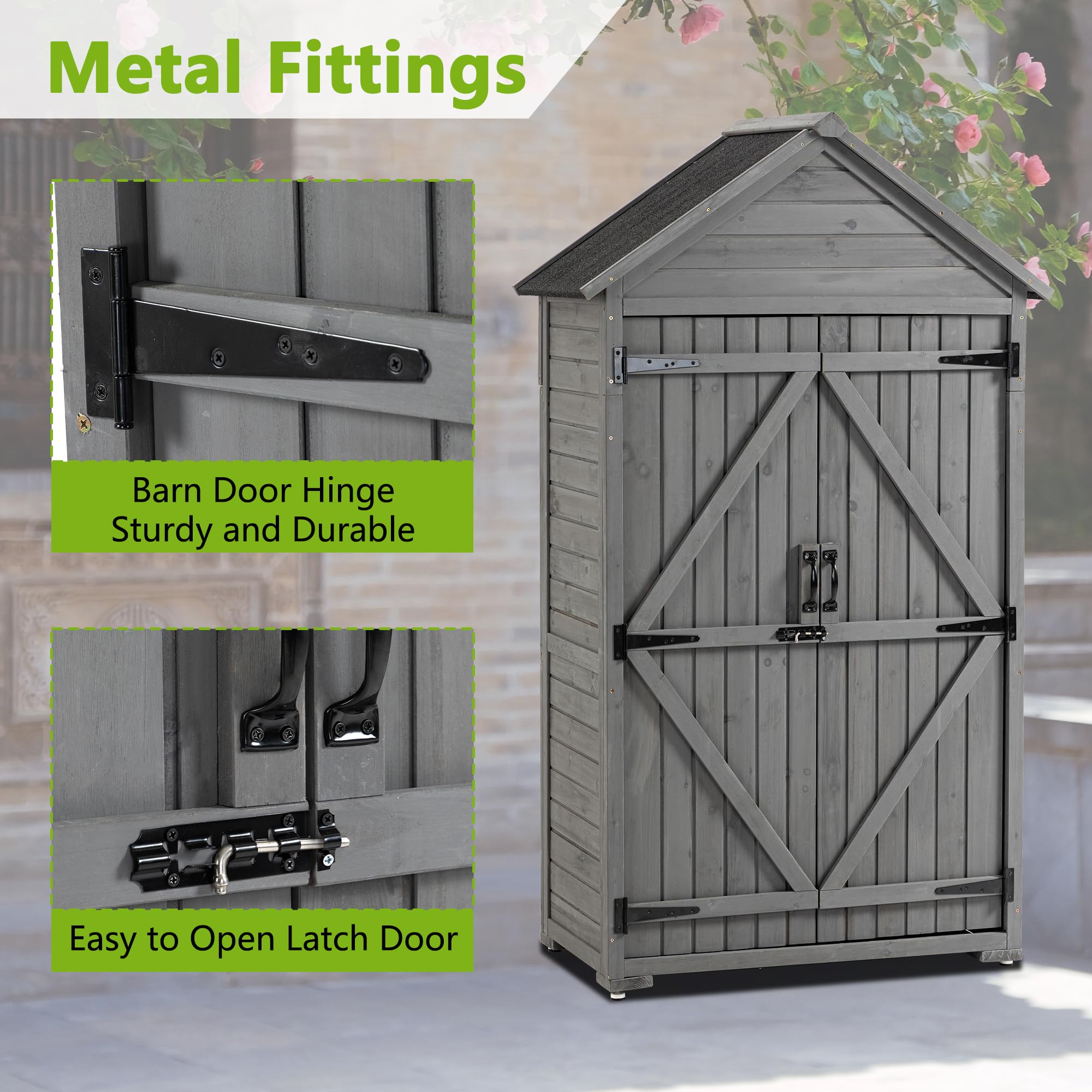 Stylish Grey Wood Outdoor Tool Shed with Shelves & Latch - Versatile Garden Storage Cabinet 39.56"x22.04"x68.89" Durable Weather-Resistant Closet