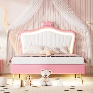 dnyn full size upholstered platfrom bed for kids,princess bedframe with crown headboard & led design,for girls bedroom,no box spring needed & easy assembly, pink