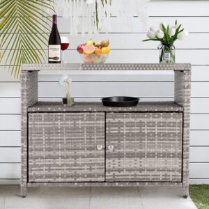 intoboo outdoor storage cabinet, wicker rattan storage cabinet with 2 doors, shelves & polystyrene top, durable and versatile storage for patio, pool, garden, indoor, kitchen, grey