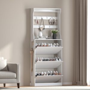 Boonatu Shoe Cabinet Storage for Entryway, Shoe Cabinet Storage with 3 Flip Drawers, Shoe Cabinet for Entryway Slim Space, White Shoe Cabinet Freestanding Wood Tall Shoe Rack for Entryway, Hallway