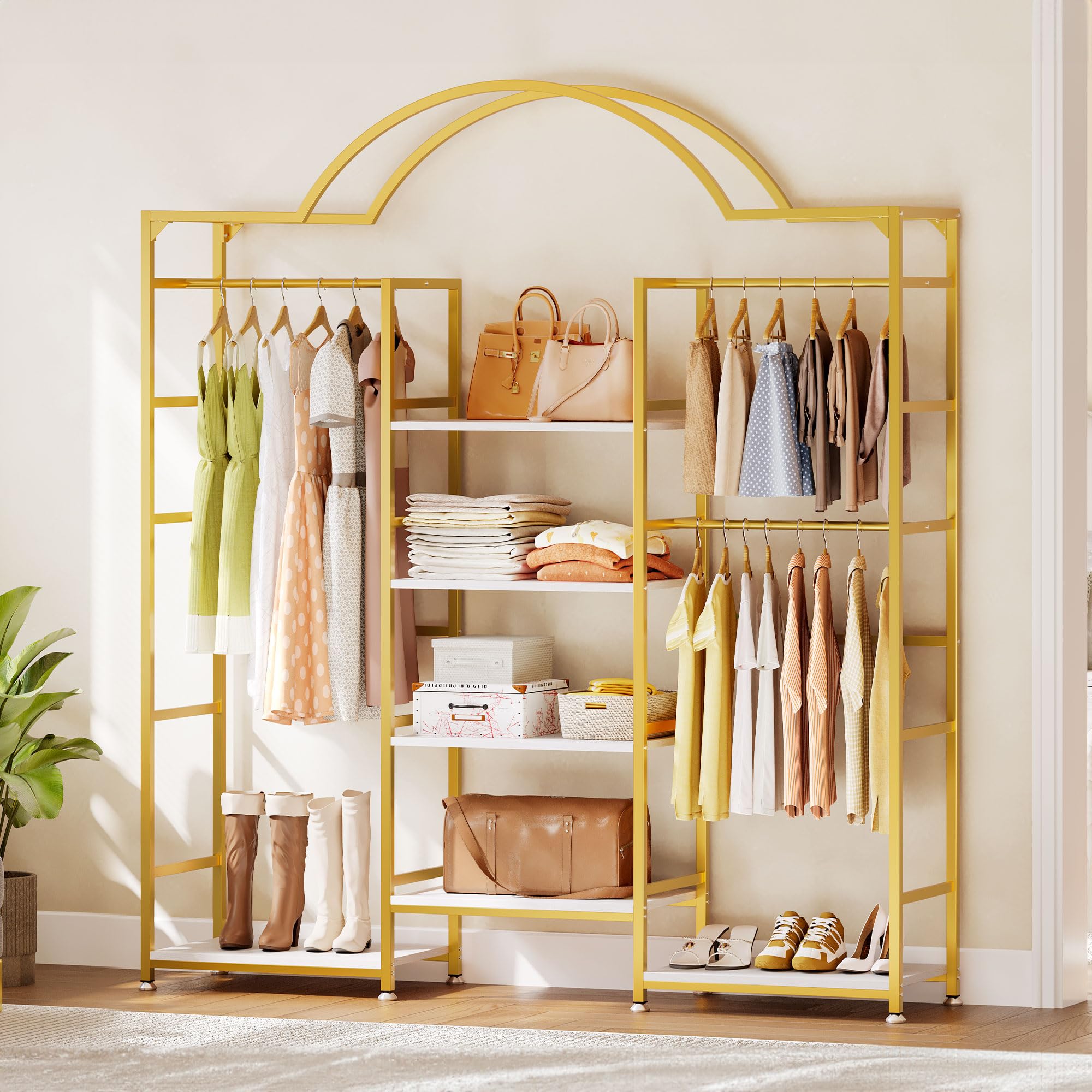 DWVO Heavy Duty Clothes Rack with Storage Shelves, Closet Organizer System for Hanging Clothes, 4-Tier Garment Rack Wardrobe with 3 Hanging Rods and 6 Shelves, Gold