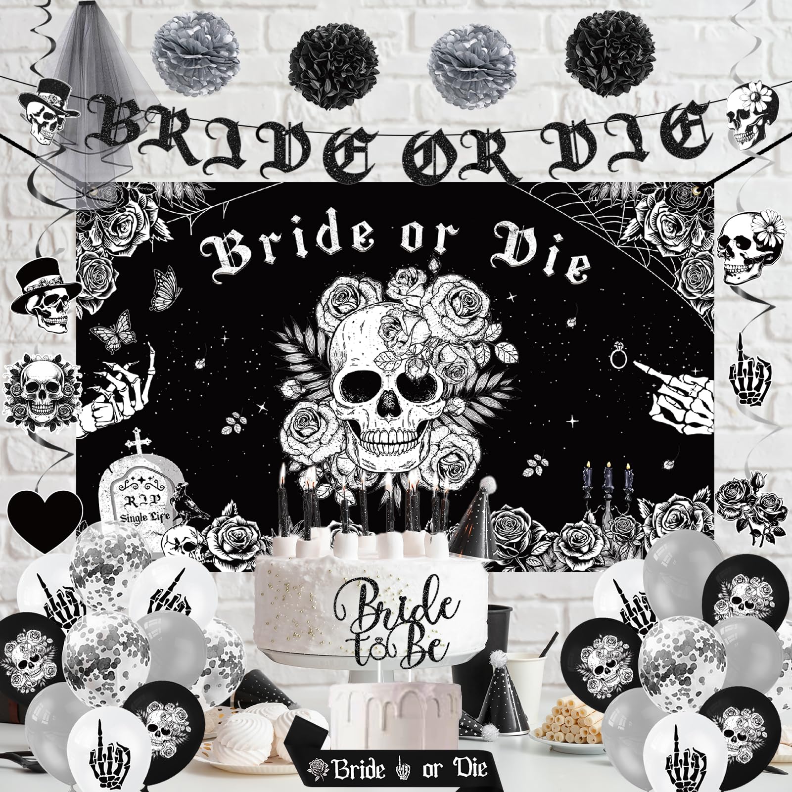 Roetyce Bride or Die Bachelorette Party Decorations, 35PCS Black Bride to Be Banner Balloons Sash Veil Hanging Swirls Cake Topper Kit, Till Death Do Us Decorations for Bridal Shower Wedding Party