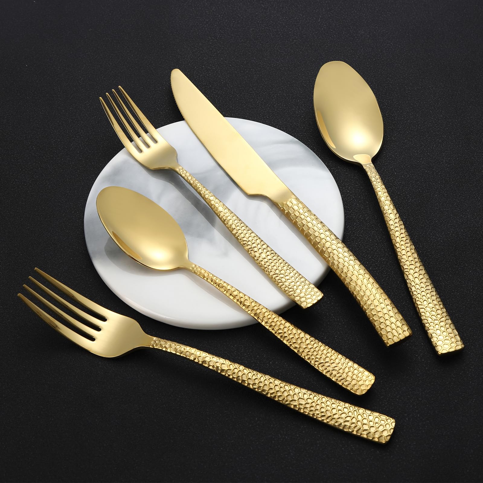 20-Piece Gold Silverware Set, Heavy Duty Hammered 18/10 Stainless Steel Flatware Set for 4, Food-Grade Cutlery Set, Tableware Set Including Fork Knife Spoon Set,Dishwasher Safe