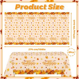 MEHOFOND 3 Pcs Happy Thanksgiving Disposable Tablecloth, Pumpkin Maple Leaves Fall Thanksgiving Party Decorations, Autumn Give Thanks Plastic Table Cover, Thanksgiving Dinner Party Supplies