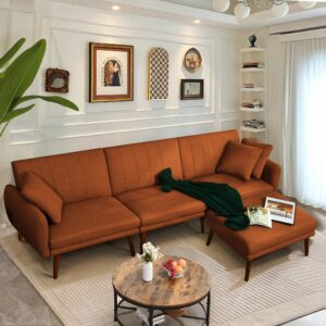 jamege sectional couch sofa bed, l-shaped linen fabric sofa sleeper with reclining backrest and removable ottoman for apartment living room