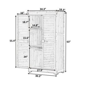 Gray Wooden Outdoor Organizer Lockable Cabinet 3-Tier Storage Solution Ideal Patio Storage Weatherproof Fir Wood Shutter Design