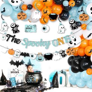 K KUMEED Blue Halloween Birthday Party Banner,The Spooky One Banner and Hanging Swirl Decorations Kit,Cute Ghost Pumpkin Bat Swirl Streamers for First Birthday Party Decorations Boys Girls