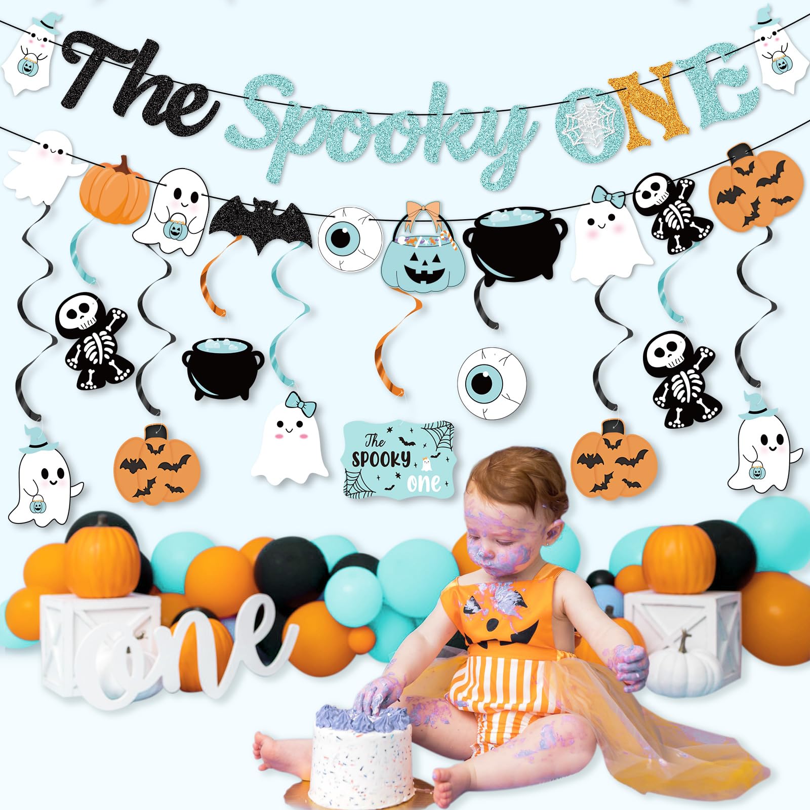 K KUMEED Blue Halloween Birthday Party Banner,The Spooky One Banner and Hanging Swirl Decorations Kit,Cute Ghost Pumpkin Bat Swirl Streamers for First Birthday Party Decorations Boys Girls