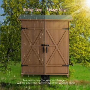 Outdoor Wooden Storage Shed with Lockable Door & Detachable Shelves, Pitch Roof, 56" L x 19.5" W x 64" H, Yellow Brown Finish, Weatherproof Garden Storage Solution