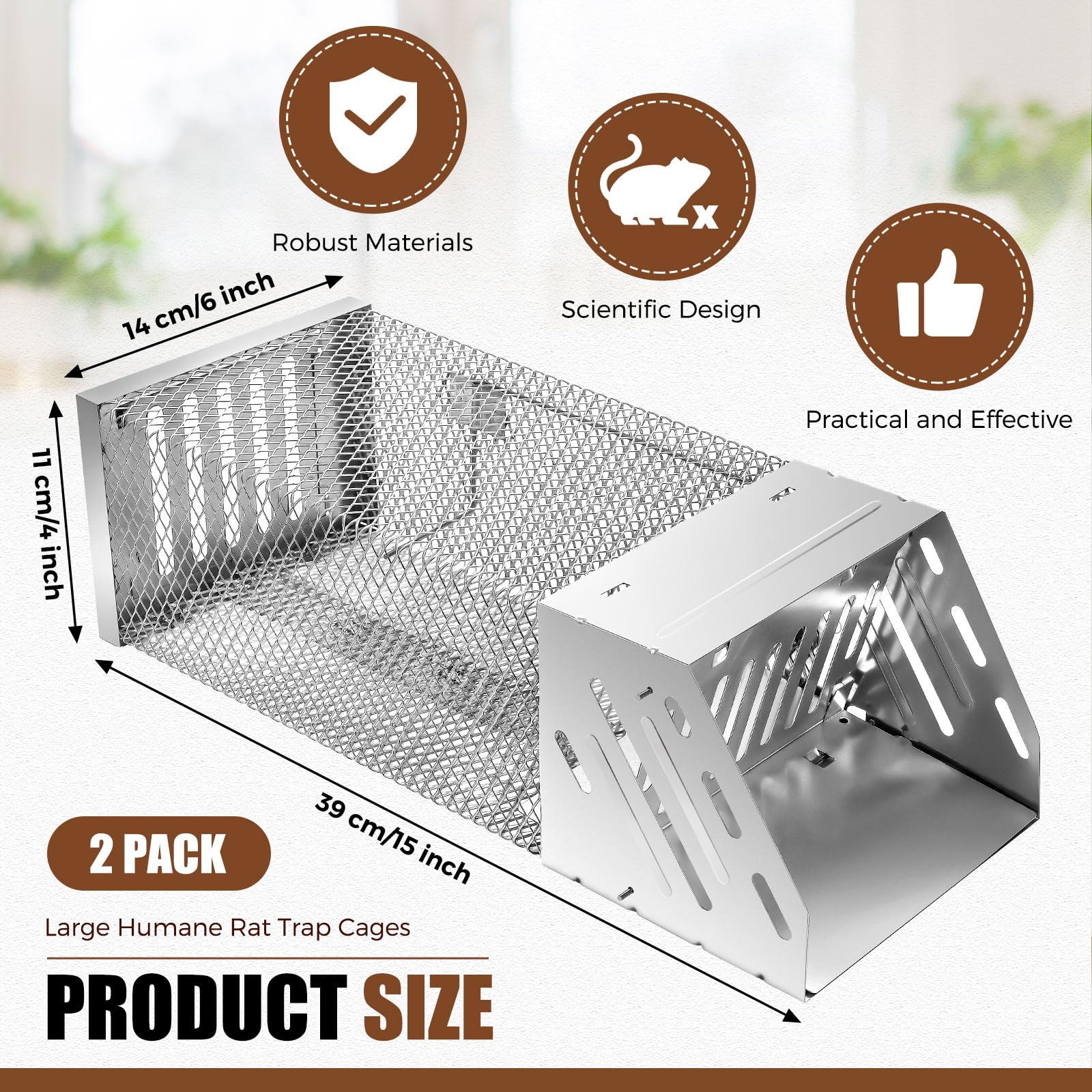 Qualirey 2 Pack Large Humane Rat Trap 15 Inches Combined Automatic Continuous Rat Trap Cage Reusable Rat Traps Indoor for Home Rat Traps Catch and Release Outdoor Mouse Single Door Metal Rat Trap