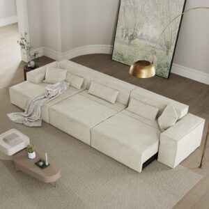 POVISON Smart 128.35" Power Modern Sofa Bed Oversized Large Sleeper Sectional Sofa Bed Convertible Couch Bed for Living Room Electric Pull Out with Deep Seat Comfy Velvet Beige Sofa