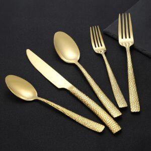 20-Piece Gold Silverware Set, Heavy Duty Hammered 18/10 Stainless Steel Flatware Set for 4, Food-Grade Cutlery Set, Tableware Set Including Fork Knife Spoon Set,Dishwasher Safe