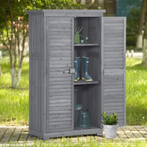 Gray Wooden Outdoor Organizer Lockable Cabinet 3-Tier Storage Solution Ideal Patio Storage Weatherproof Fir Wood Shutter Design