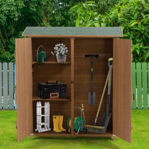 Outdoor Wooden Storage Shed with Lockable Door & Detachable Shelves, Pitch Roof, 56" L x 19.5" W x 64" H, Yellow Brown Finish, Weatherproof Garden Storage Solution