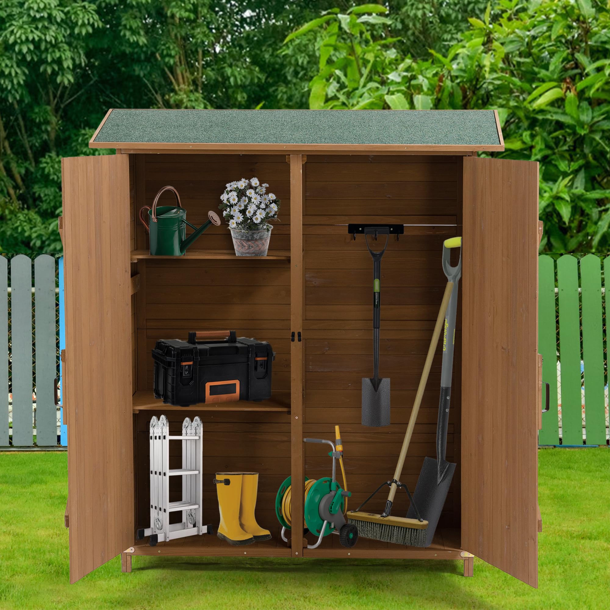 Outdoor Wooden Storage Shed with Lockable Door & Detachable Shelves, Pitch Roof, 56" L x 19.5" W x 64" H, Yellow Brown Finish, Weatherproof Garden Storage Solution