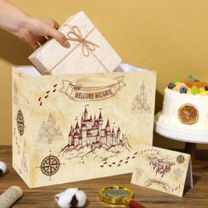 Magical Wizard Gift Bags Wizard School Party Favors Bag with Tissue Paper and Card Welcome Wizard Castle Goodie Kraft Bags Wrapping Paper for Kids Boy Girl Birthday Christmas Wizard Party Decorations