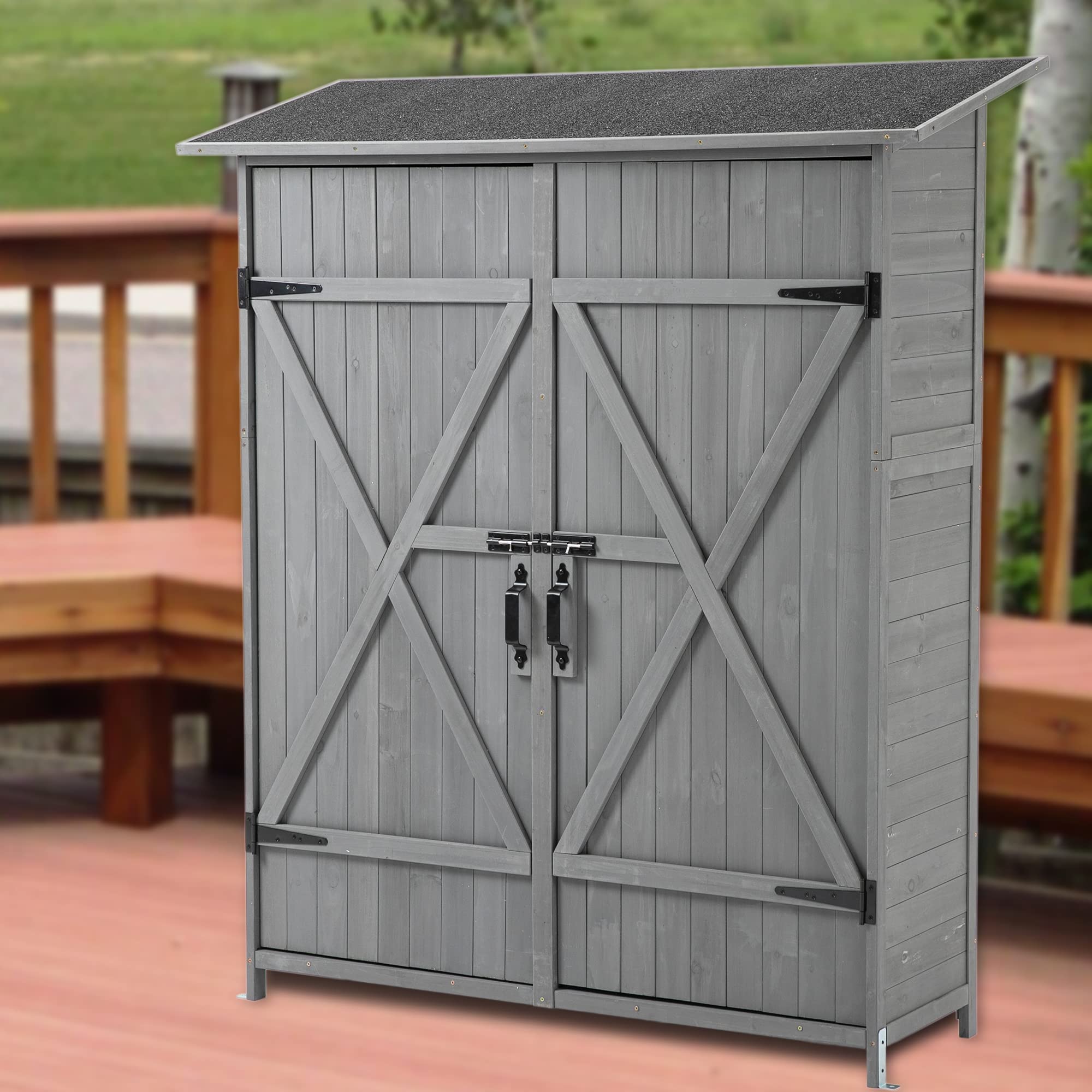 Elegant Wooden Garden Shed, Lockable Door, Detachable Shelves, Pitch Roof Design, 56" L x 19.5" W x 64" H Outdoor Storage Solution, Aqua Grey