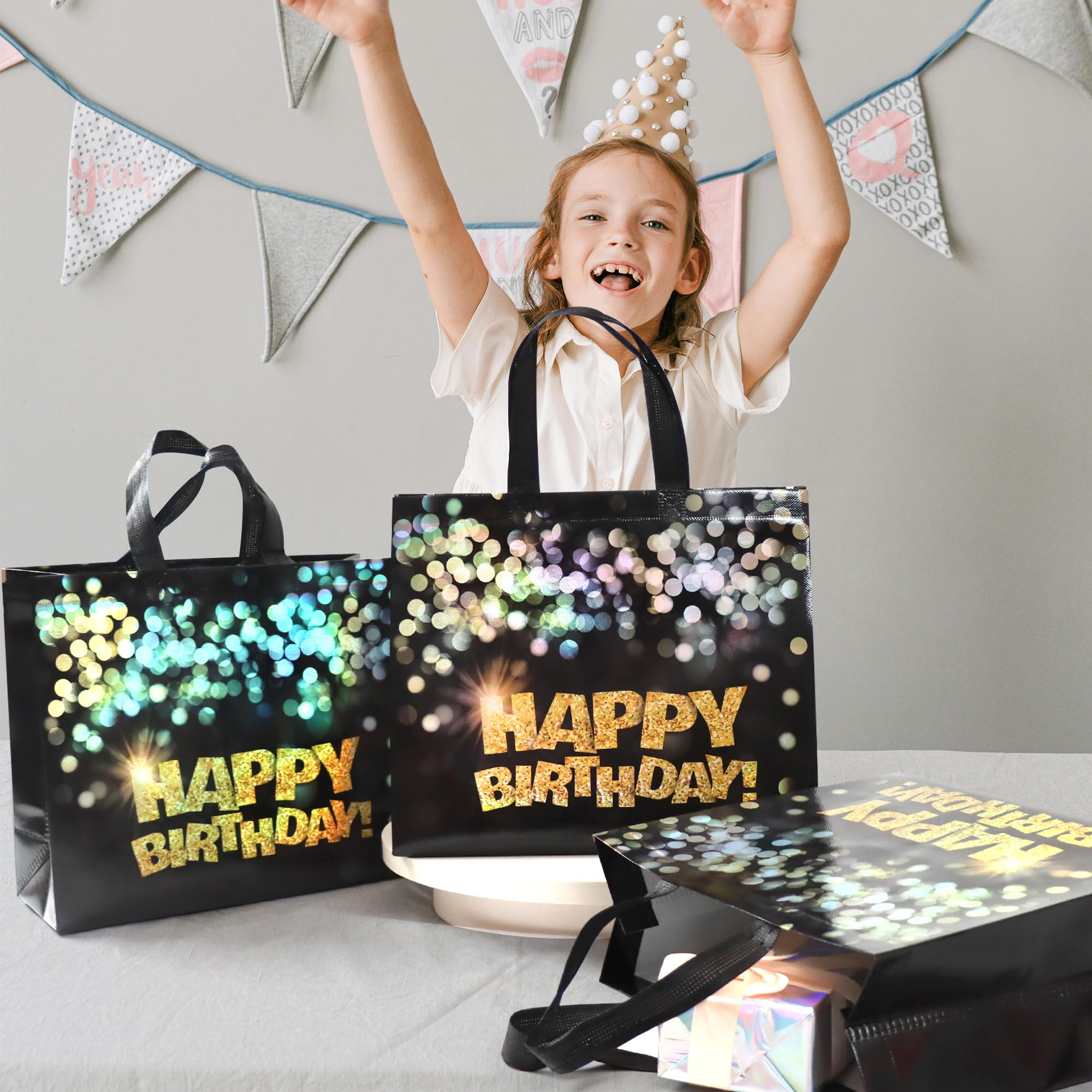 cabzymx 9 pcs Black Birthday Gift Bags with Bases, 12.8 x 4.7 x 11.8 In Large Happy Birthday Party Bags with Gold Shiny Polka Dot, Non-woven Reusable Gift Bags for Girls, Boys