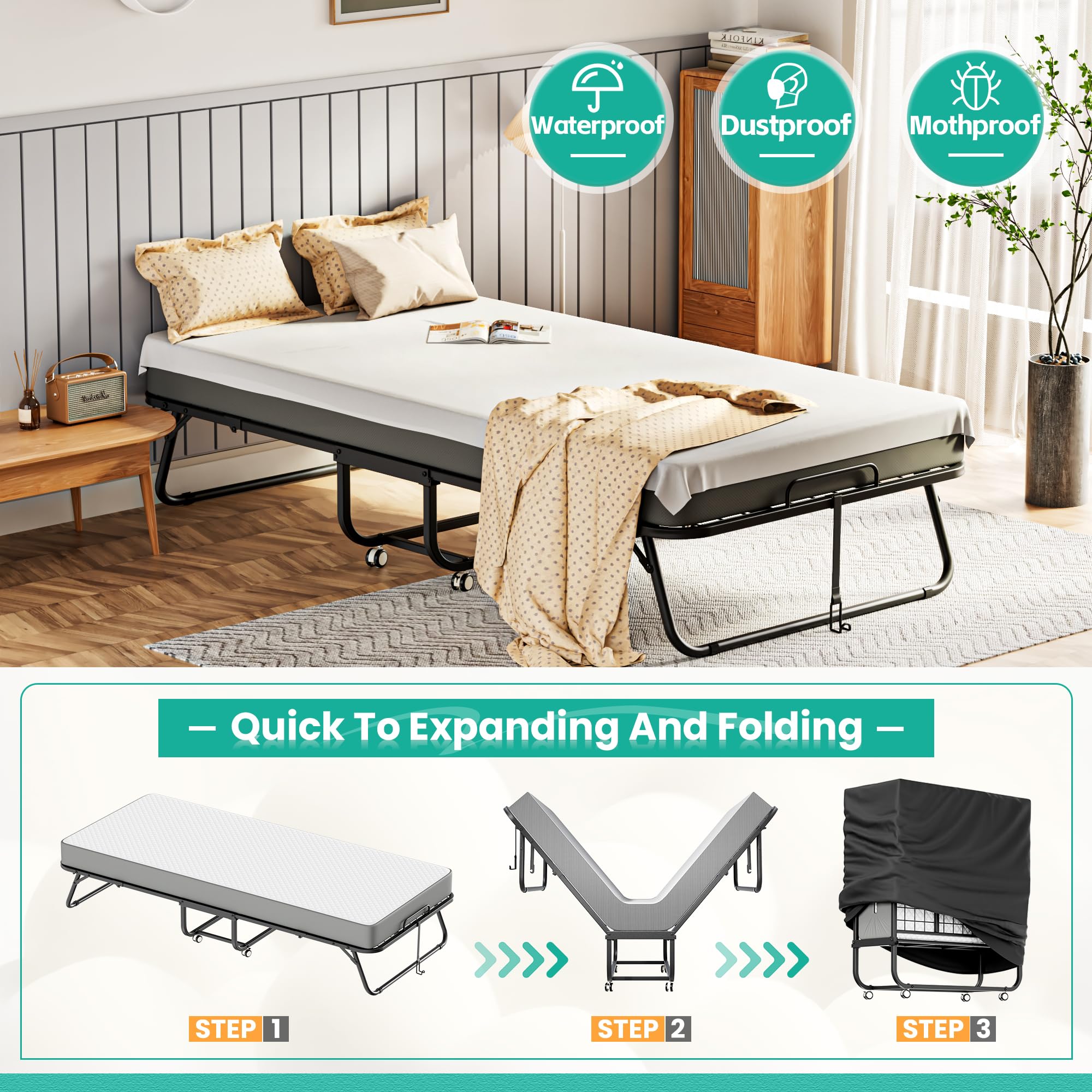 Greenvelly Folding Bed with Mattress, 75" x 38" Roll Away Beds for Adults,Metal Frame Fold Up Beds with Memory Foam Mattress,Guest Bed