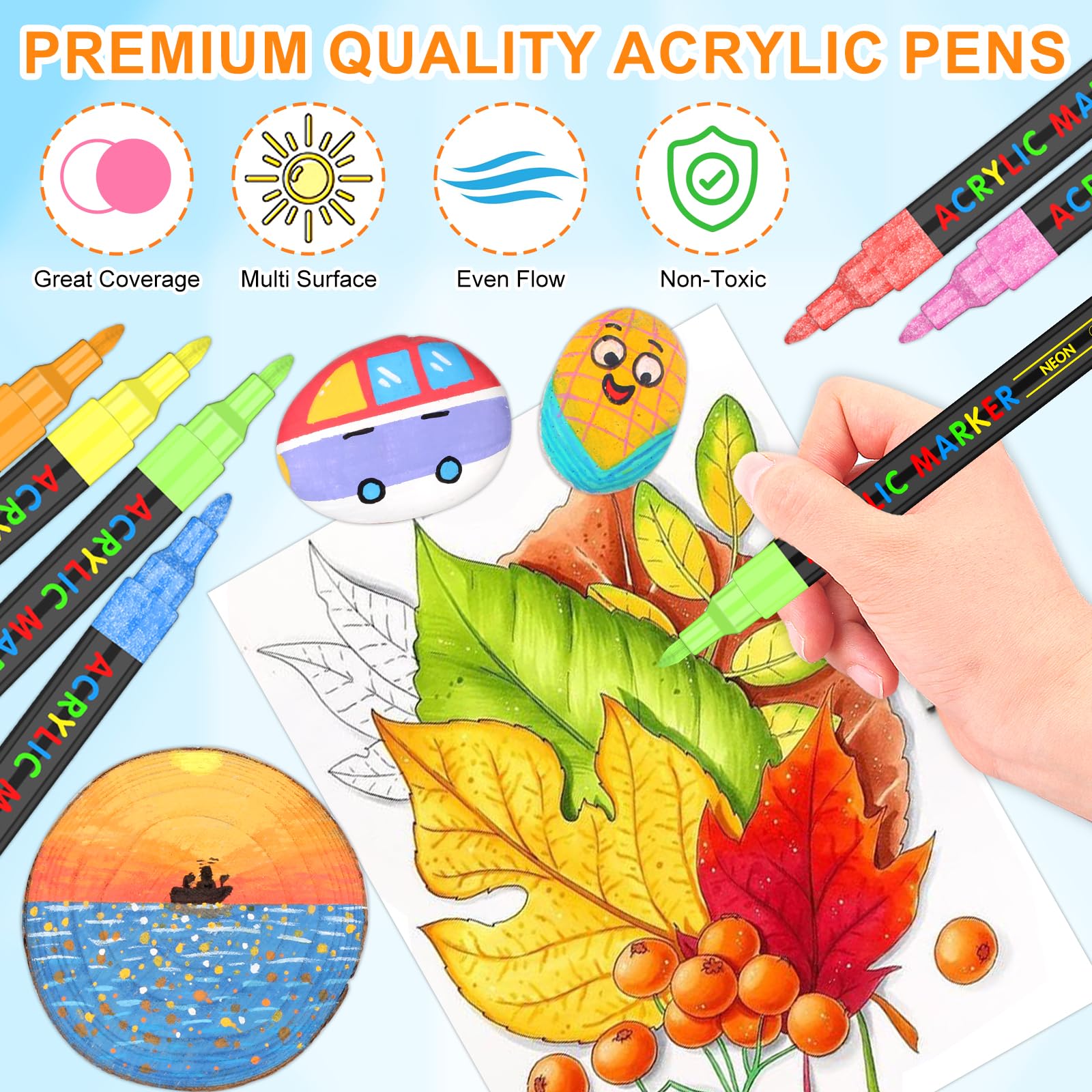 XPaoFey 120 Colors Acrylic Paint Markers, Acrylic Paint Pens Paint Markers, Extra Fine Tip Paint Pens for Rock Painting, Canvas, Wood, Stone, Ceramic, Glass, Fabric, DIY Crafts Making Art Supplies